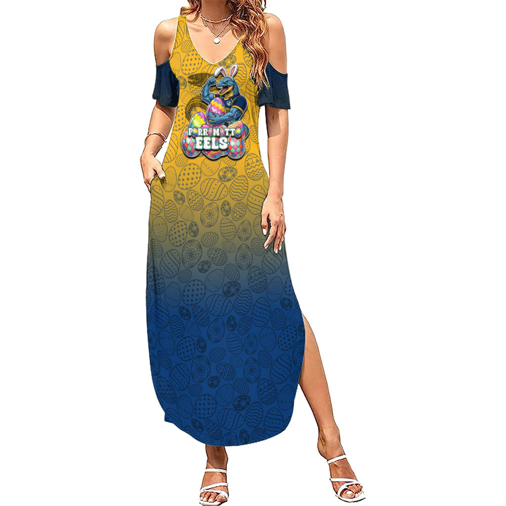 Personalized Parramatta Eels Summer Maxi Dress Easter Mascot - Colorful Eggs Cartoon Style