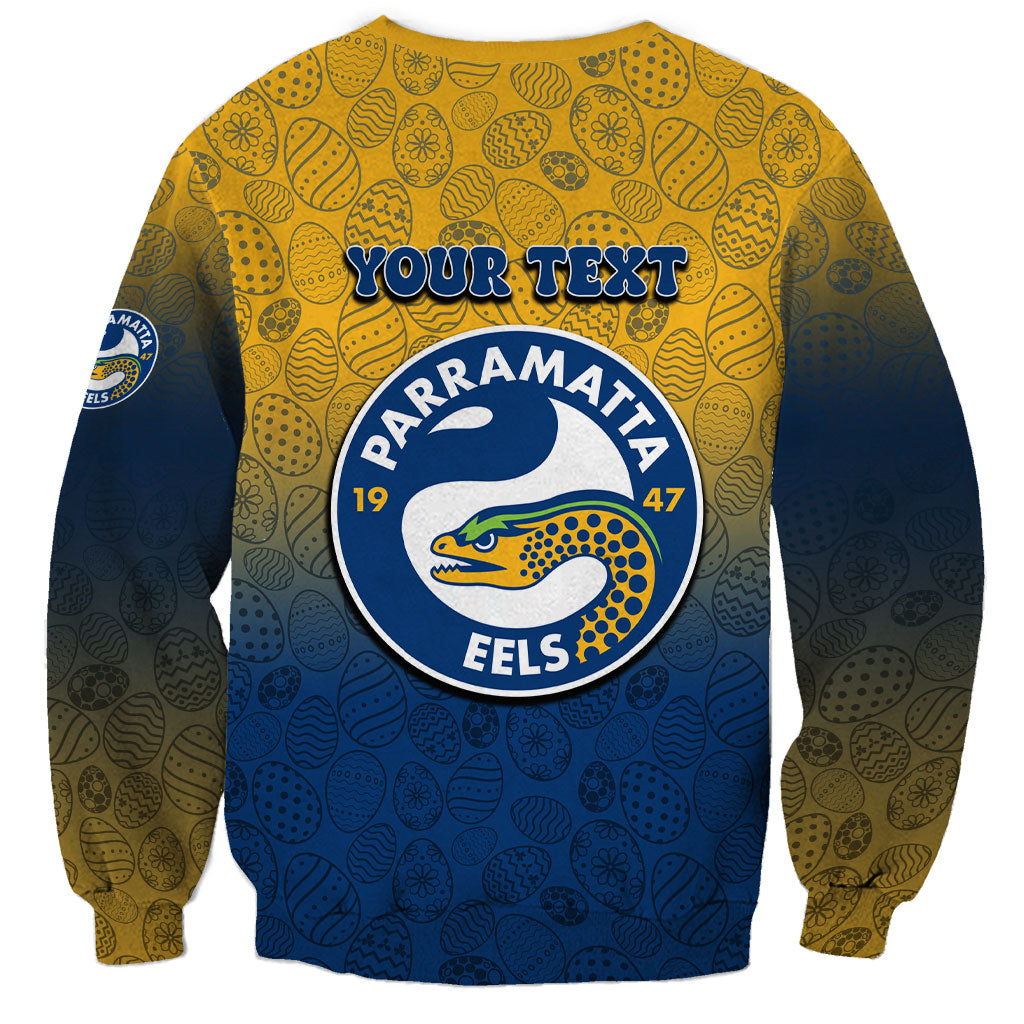 Personalized Parramatta Eels Sweatshirt Easter Mascot - Colorful Eggs Cartoon Style