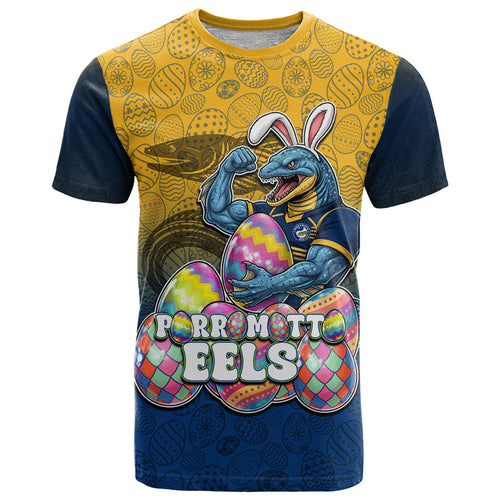 Personalized Parramatta Eels T Shirt Easter Mascot - Colorful Eggs Cartoon Style