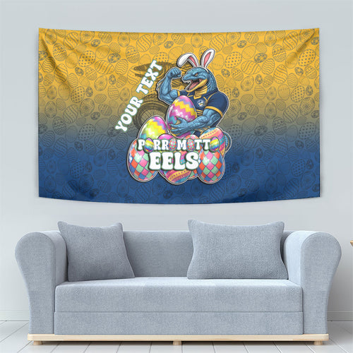 Personalized Parramatta Eels Tapestry Easter Mascot - Colorful Eggs Cartoon Style