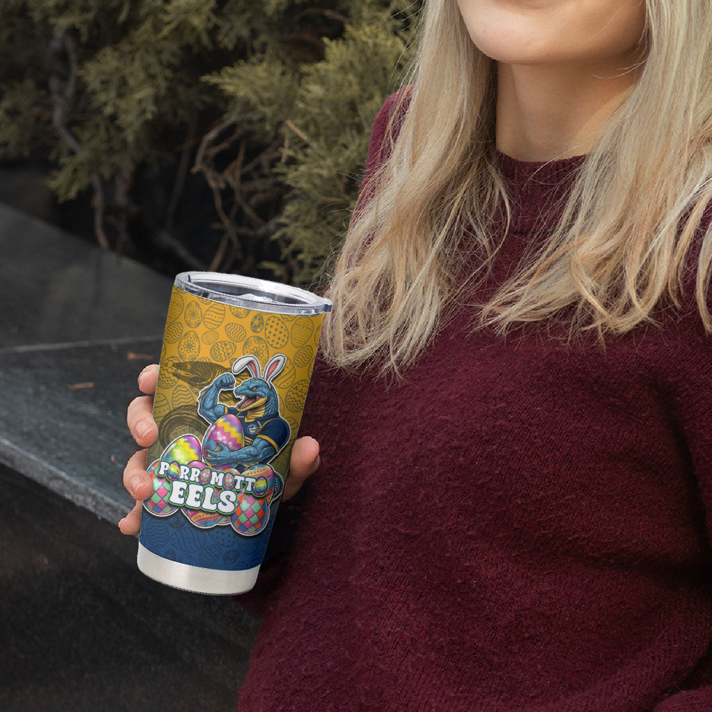 Personalized Parramatta Eels Tumbler Cup Easter Mascot - Colorful Eggs Cartoon Style