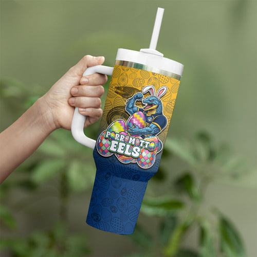 Personalized Parramatta Eels Tumbler With Handle Easter Mascot - Colorful Eggs Cartoon Style