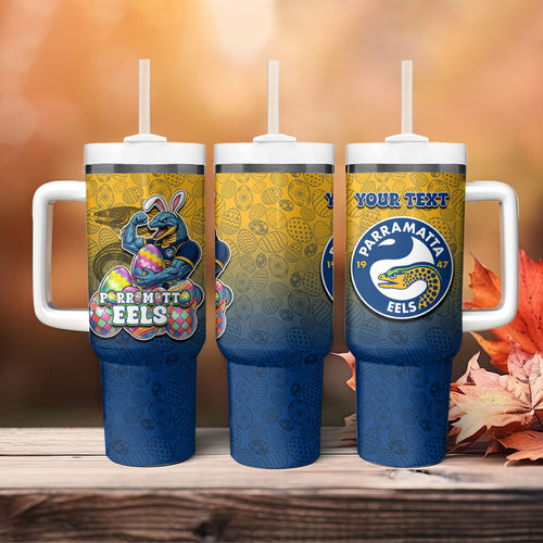 Personalized Parramatta Eels Tumbler With Handle Easter Mascot - Colorful Eggs Cartoon Style