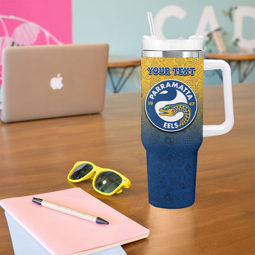 Personalized Parramatta Eels Tumbler With Handle Easter Mascot - Colorful Eggs Cartoon Style