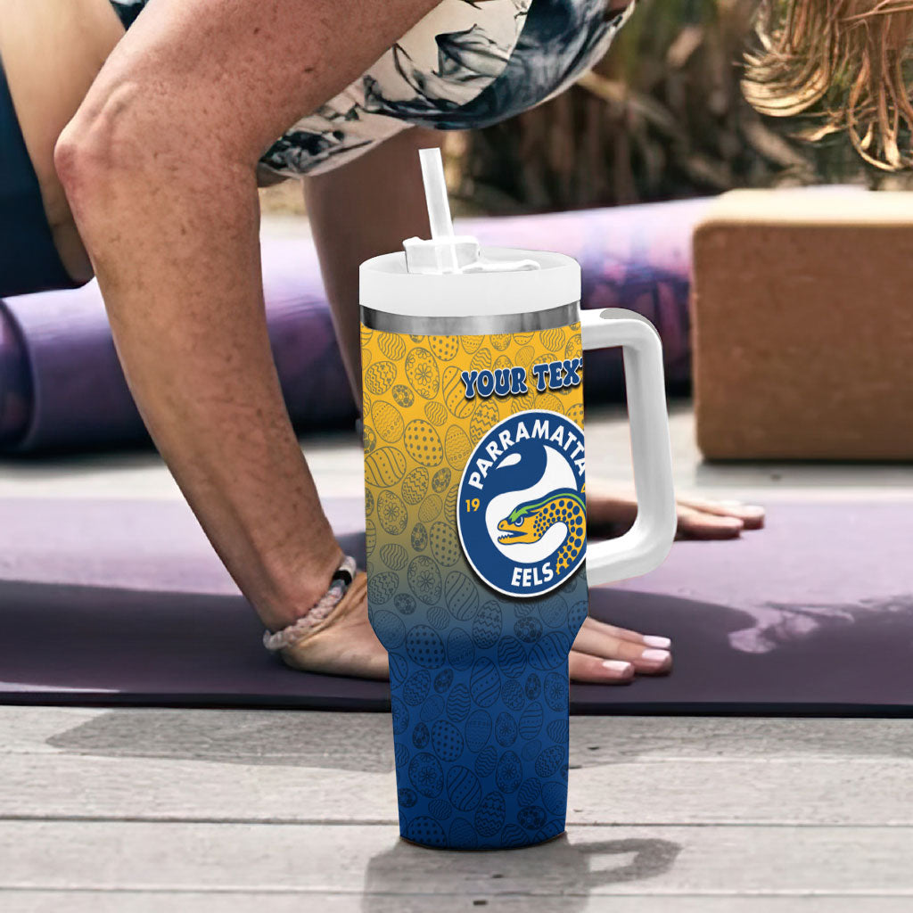 Personalized Parramatta Eels Tumbler With Handle Easter Mascot - Colorful Eggs Cartoon Style