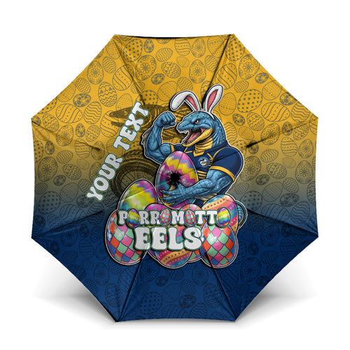 Personalized Parramatta Eels Umbrella Easter Mascot - Colorful Eggs Cartoon Style