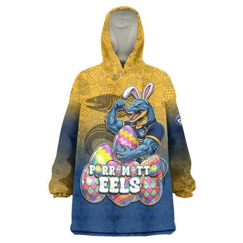 Personalized Parramatta Eels Wearable Blanket Hoodie Easter Mascot - Colorful Eggs Cartoon Style
