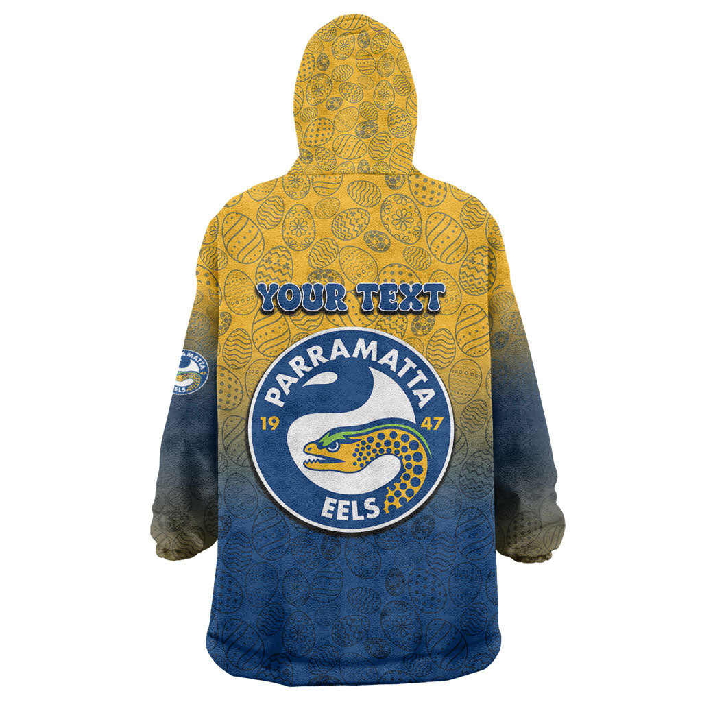 Personalized Parramatta Eels Wearable Blanket Hoodie Easter Mascot - Colorful Eggs Cartoon Style