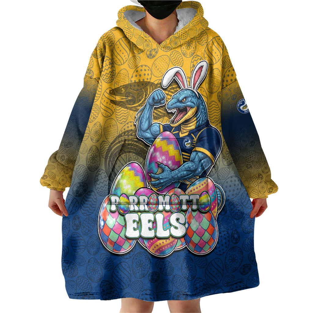 Personalized Parramatta Eels Wearable Blanket Hoodie Easter Mascot - Colorful Eggs Cartoon Style