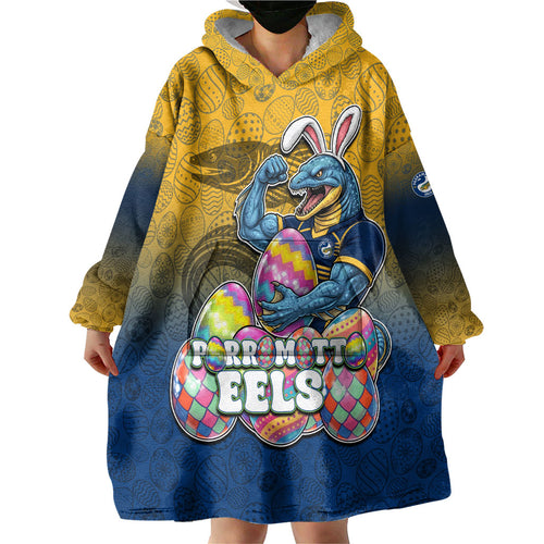 Personalized Parramatta Eels Wearable Blanket Hoodie Easter Mascot - Colorful Eggs Cartoon Style