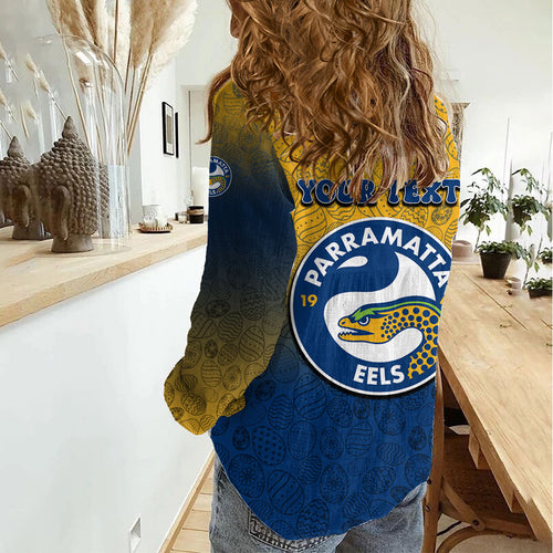 Personalized Parramatta Eels Women Casual Shirt Easter Mascot - Colorful Eggs Cartoon Style
