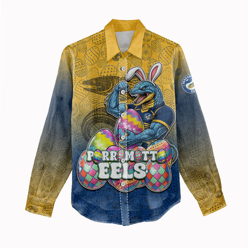 Personalized Parramatta Eels Women Casual Shirt Easter Mascot - Colorful Eggs Cartoon Style