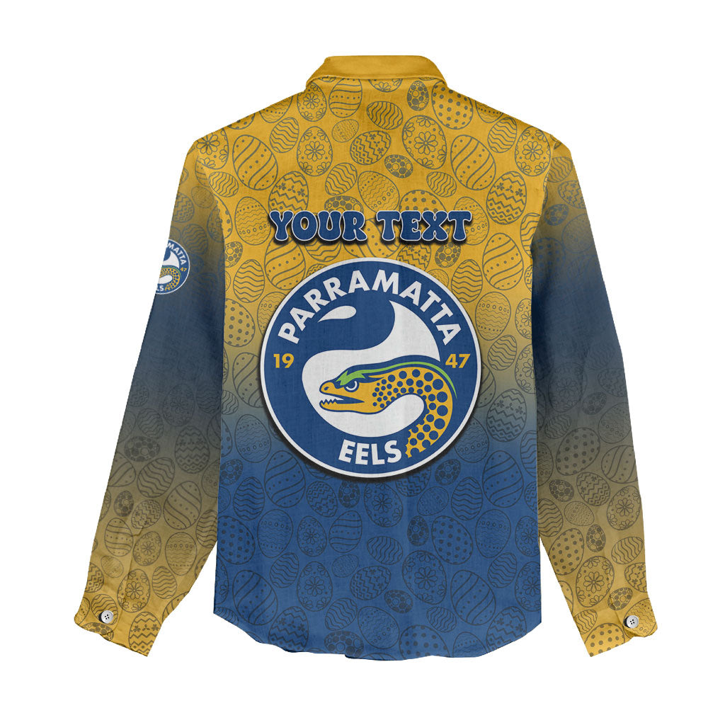 Personalized Parramatta Eels Women Casual Shirt Easter Mascot - Colorful Eggs Cartoon Style
