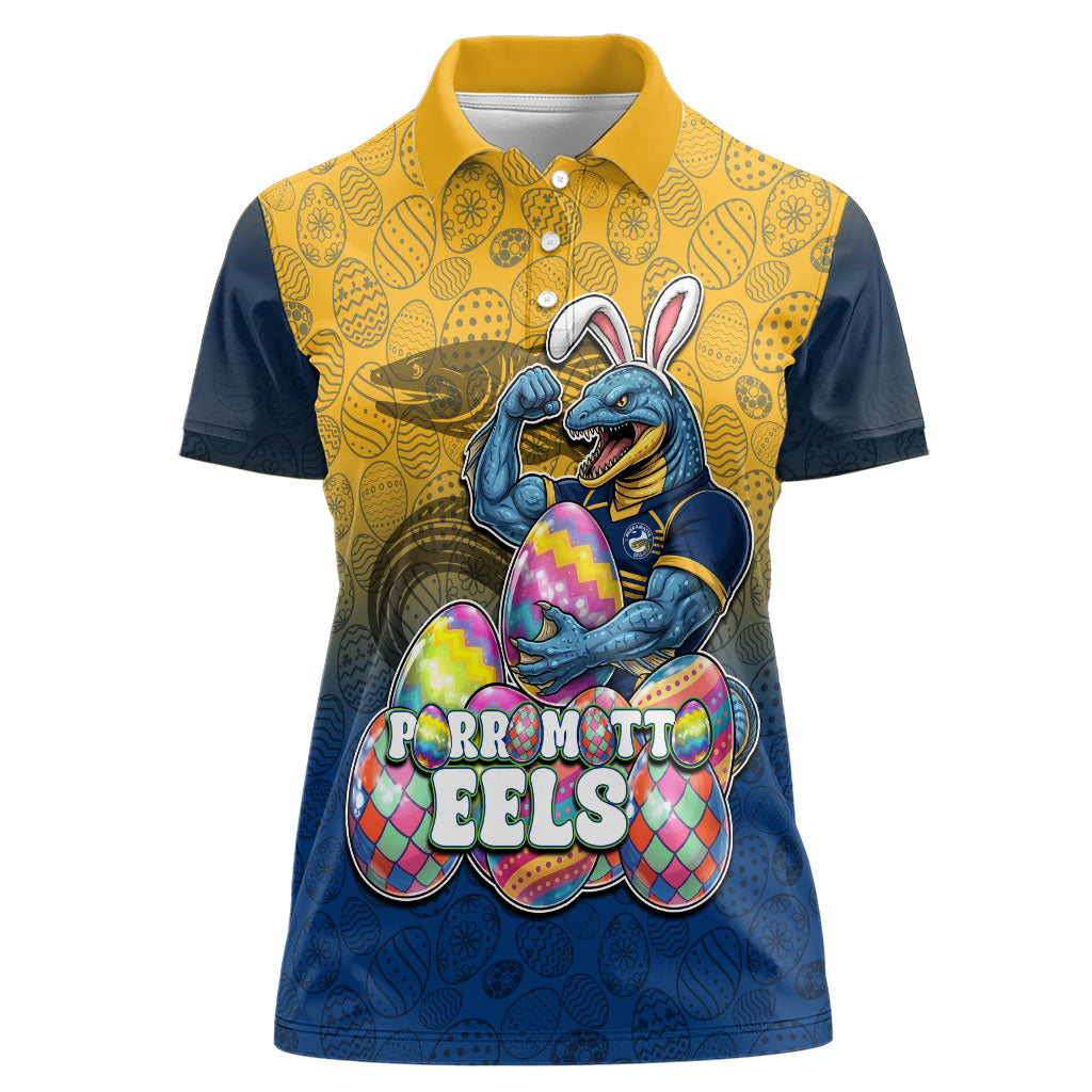 Personalized Parramatta Eels Women Polo Shirt Easter Mascot - Colorful Eggs Cartoon Style