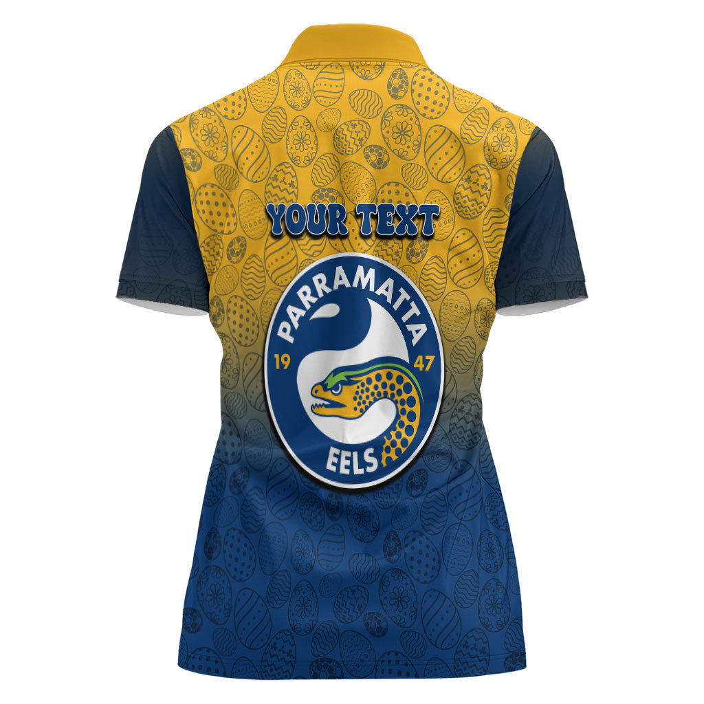 Personalized Parramatta Eels Women Polo Shirt Easter Mascot - Colorful Eggs Cartoon Style