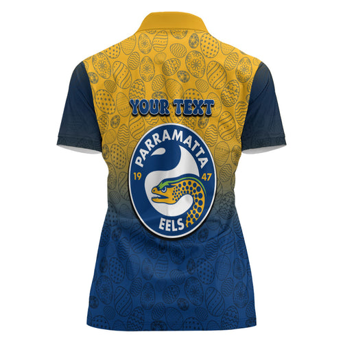 Personalized Parramatta Eels Women Polo Shirt Easter Mascot - Colorful Eggs Cartoon Style