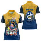 Personalized Parramatta Eels Women Polo Shirt Easter Mascot - Colorful Eggs Cartoon Style
