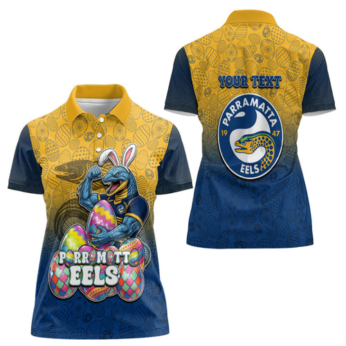Personalized Parramatta Eels Women Polo Shirt Easter Mascot - Colorful Eggs Cartoon Style