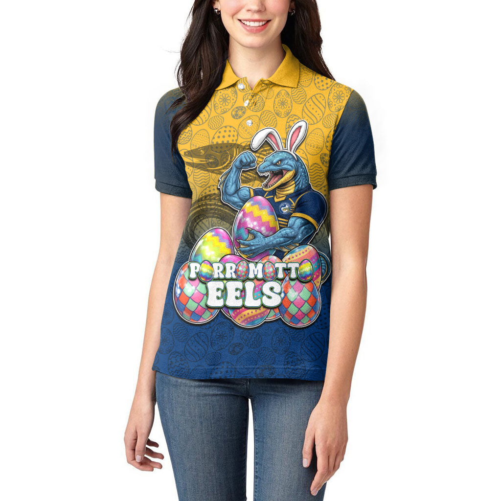 Personalized Parramatta Eels Women Polo Shirt Easter Mascot - Colorful Eggs Cartoon Style