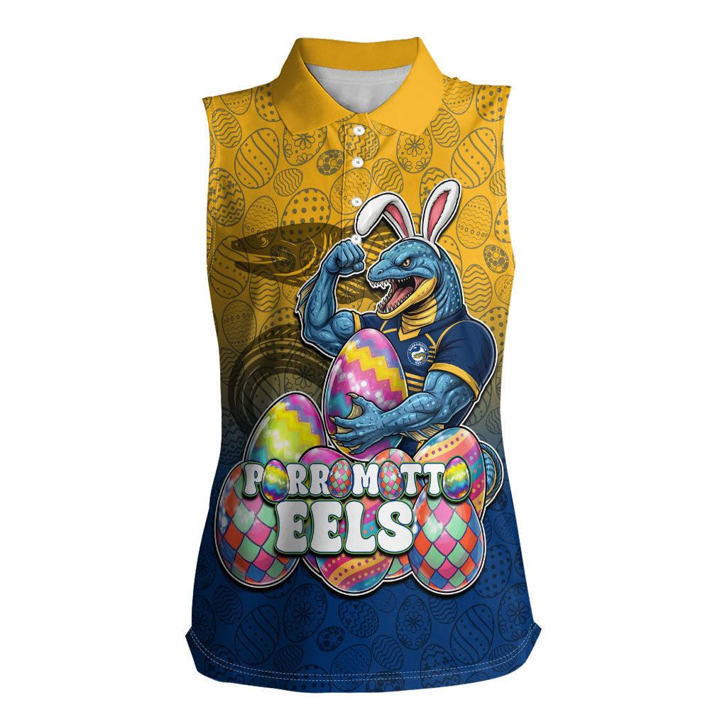 Personalized Parramatta Eels Women Sleeveless Polo Shirt Easter Mascot - Colorful Eggs Cartoon Style
