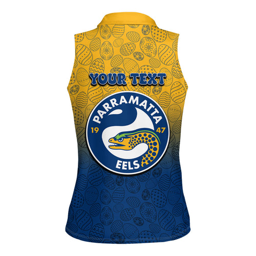 Personalized Parramatta Eels Women Sleeveless Polo Shirt Easter Mascot - Colorful Eggs Cartoon Style