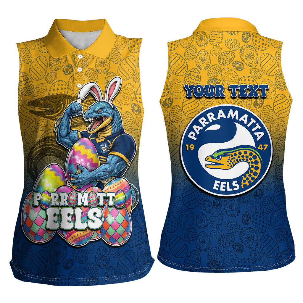 Personalized Parramatta Eels Women Sleeveless Polo Shirt Easter Mascot - Colorful Eggs Cartoon Style