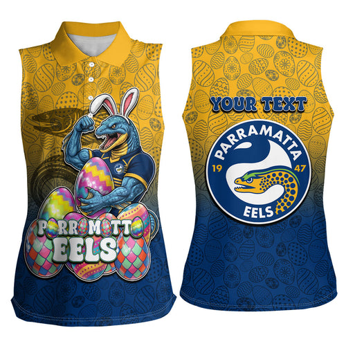 Personalized Parramatta Eels Women Sleeveless Polo Shirt Easter Mascot - Colorful Eggs Cartoon Style