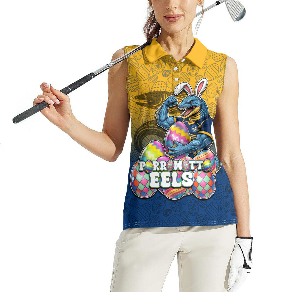 Personalized Parramatta Eels Women Sleeveless Polo Shirt Easter Mascot - Colorful Eggs Cartoon Style