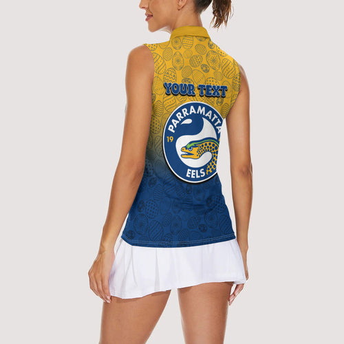 Personalized Parramatta Eels Women Sleeveless Polo Shirt Easter Mascot - Colorful Eggs Cartoon Style