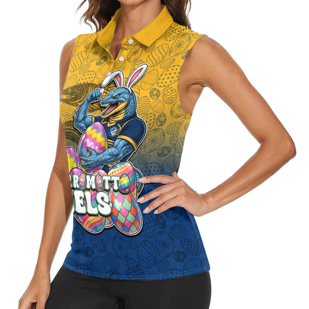 Personalized Parramatta Eels Women Sleeveless Polo Shirt Easter Mascot - Colorful Eggs Cartoon Style