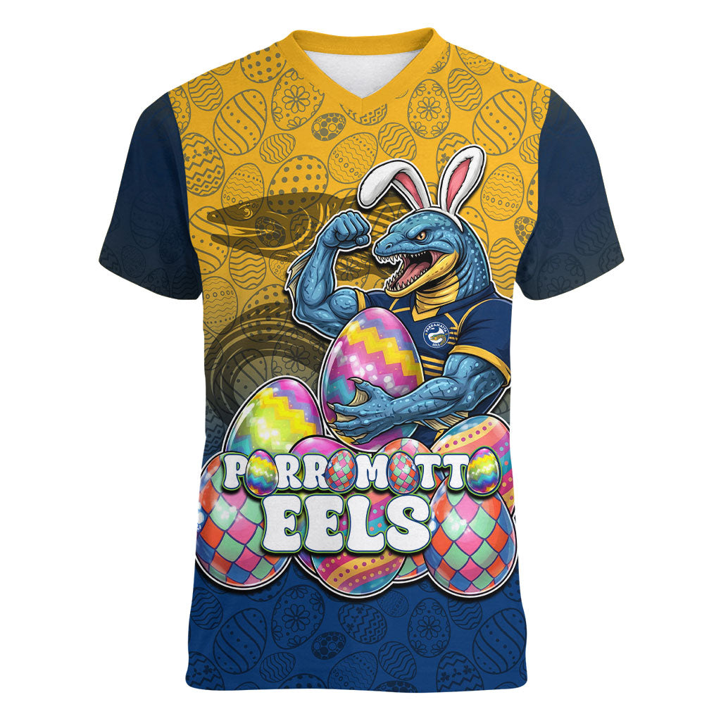Personalized Parramatta Eels Women V-Neck T-Shirt Easter Mascot - Colorful Eggs Cartoon Style