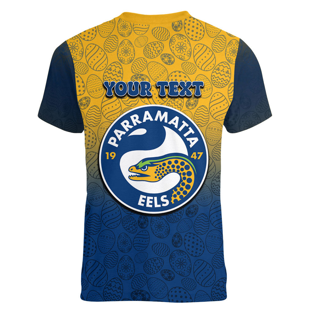 Personalized Parramatta Eels Women V-Neck T-Shirt Easter Mascot - Colorful Eggs Cartoon Style