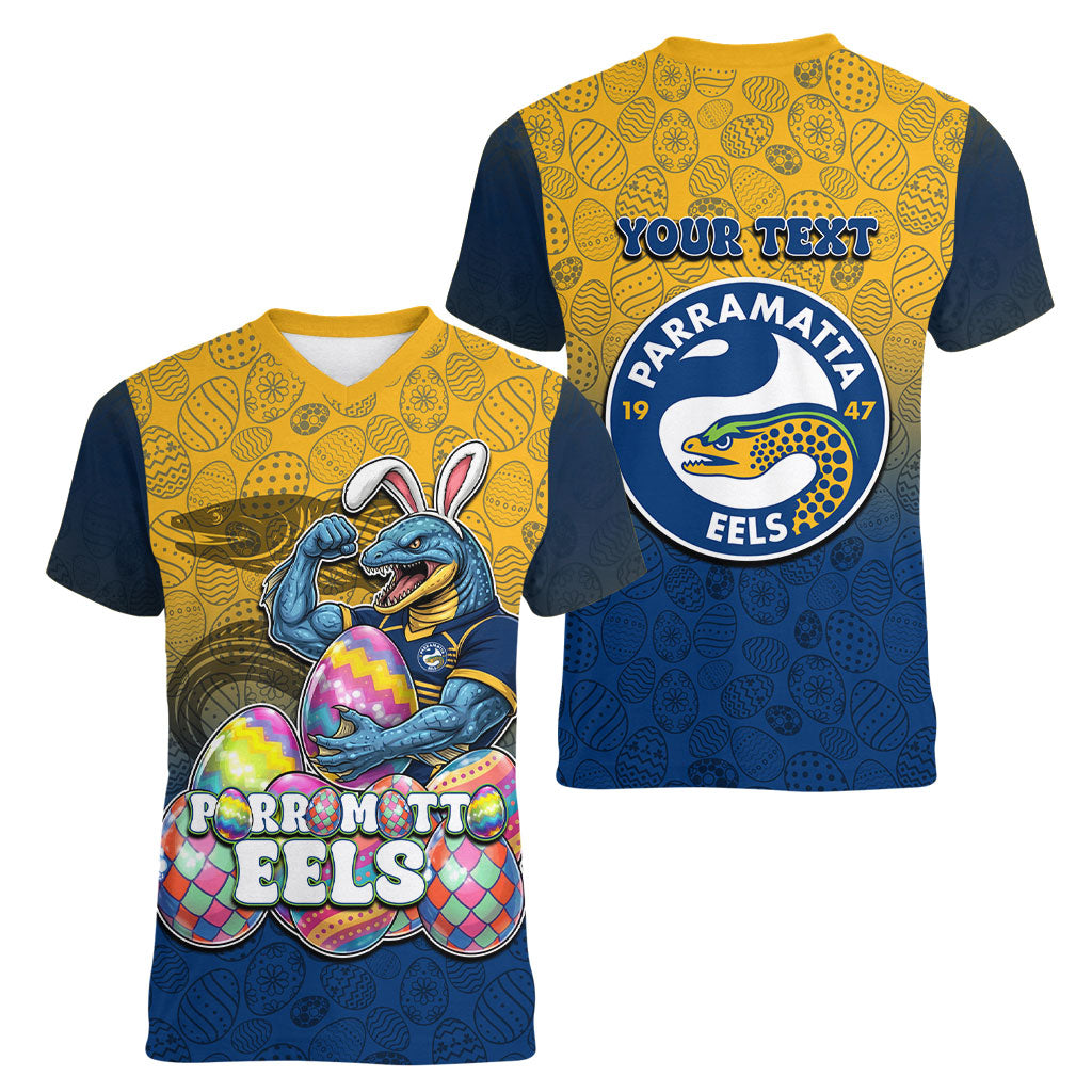 Personalized Parramatta Eels Women V-Neck T-Shirt Easter Mascot - Colorful Eggs Cartoon Style