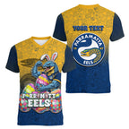 Personalized Parramatta Eels Women V-Neck T-Shirt Easter Mascot - Colorful Eggs Cartoon Style