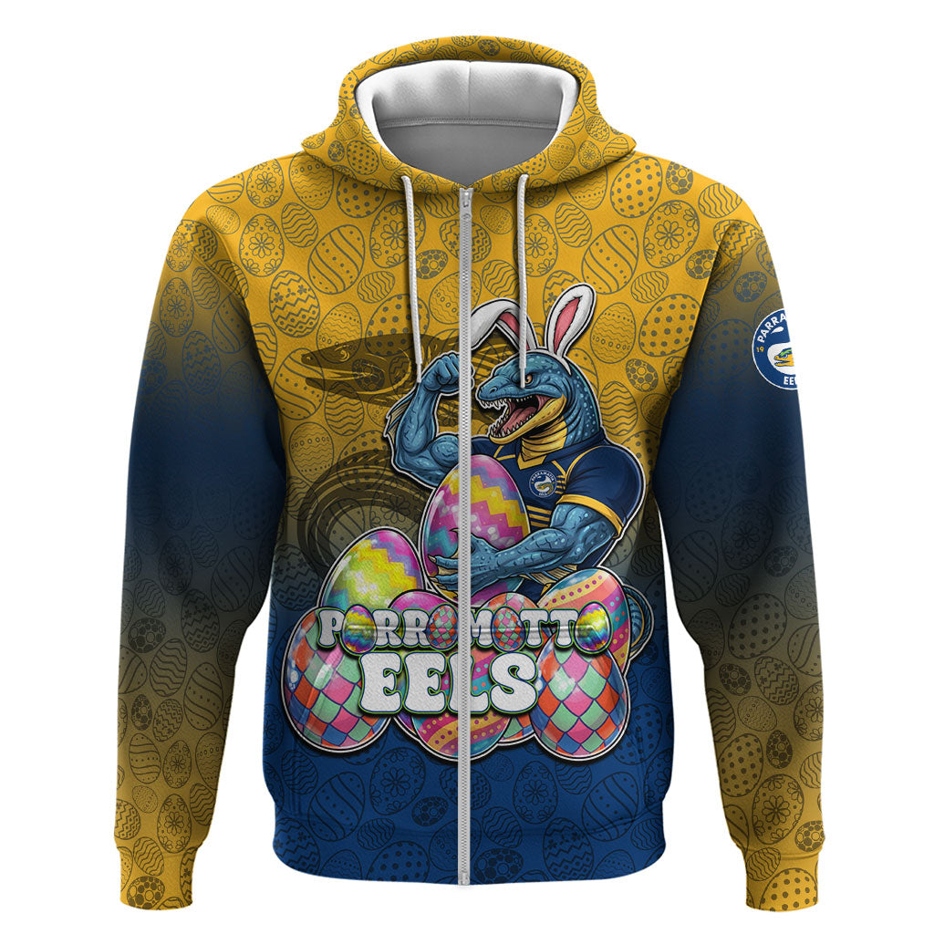 Personalized Parramatta Eels Zip Hoodie Easter Mascot - Colorful Eggs Cartoon Style