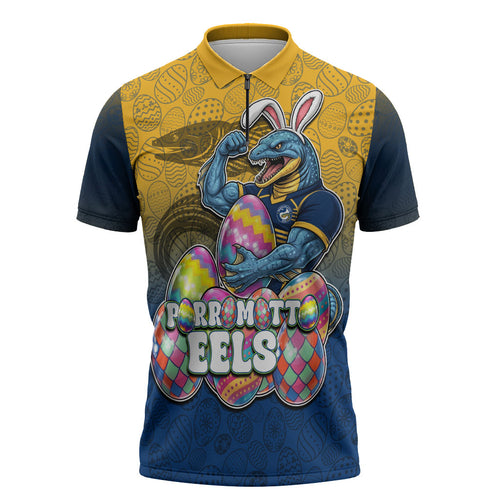 Personalized Parramatta Eels Zipper Polo Shirt Easter Mascot - Colorful Eggs Cartoon Style