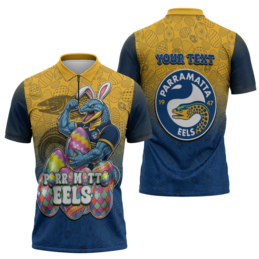 Personalized Parramatta Eels Zipper Polo Shirt Easter Mascot - Colorful Eggs Cartoon Style