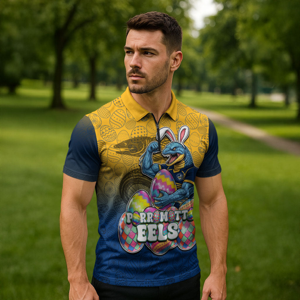 Personalized Parramatta Eels Zipper Polo Shirt Easter Mascot - Colorful Eggs Cartoon Style