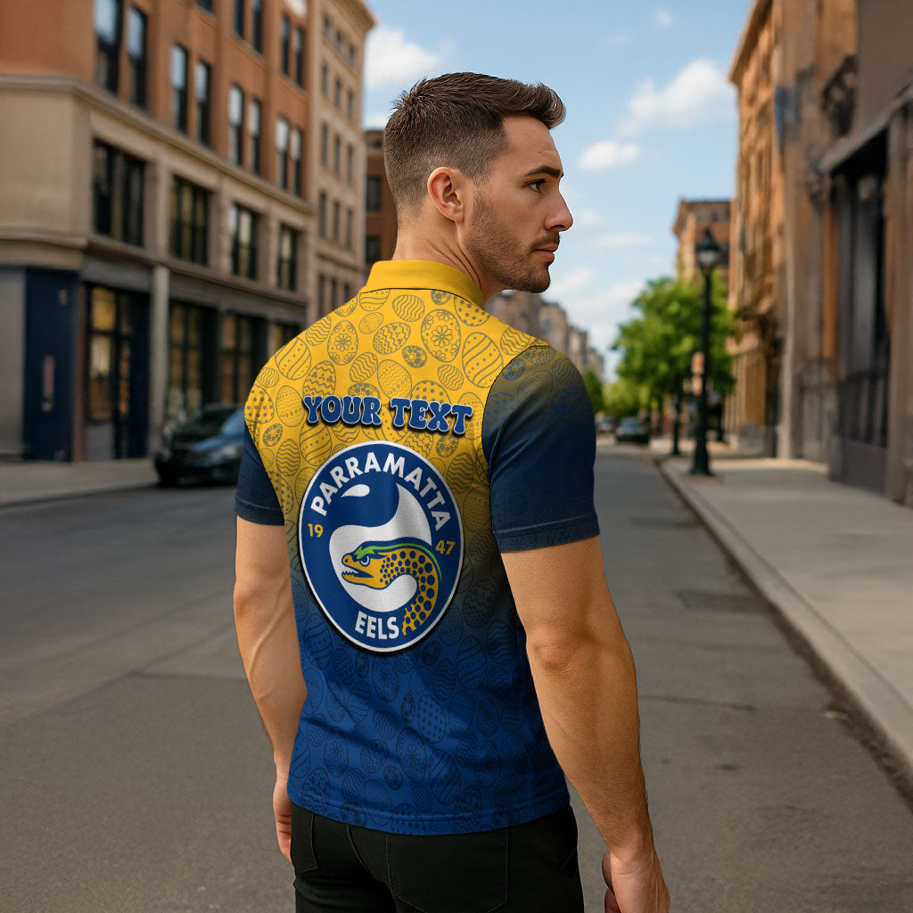 Personalized Parramatta Eels Zipper Polo Shirt Easter Mascot - Colorful Eggs Cartoon Style