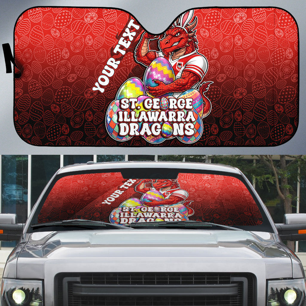 Personalized St. George Illawarra Dragons Auto Sun Shade Easter Mascot - Colorful Eggs Cartoon Style