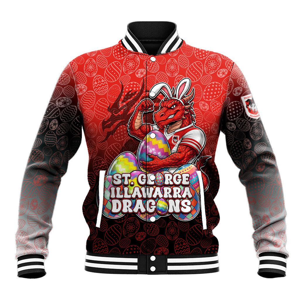 Personalized St. George Illawarra Dragons Baseball Jacket Easter Mascot - Colorful Eggs Cartoon Style