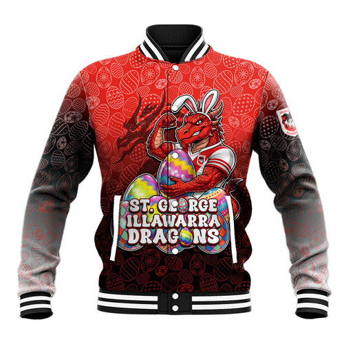 Personalized St. George Illawarra Dragons Baseball Jacket Easter Mascot - Colorful Eggs Cartoon Style
