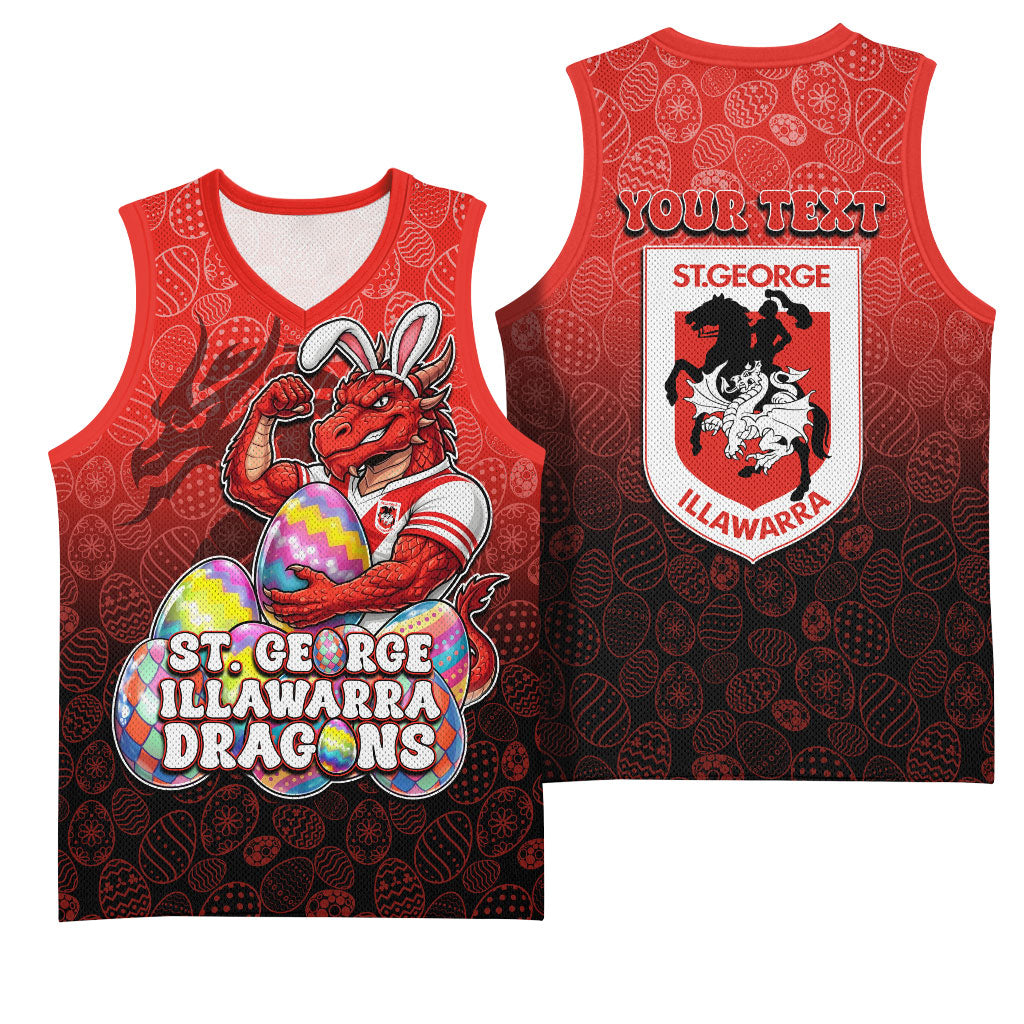 Personalized St. George Illawarra Dragons Basketball Jersey Easter Mascot - Colorful Eggs Cartoon Style