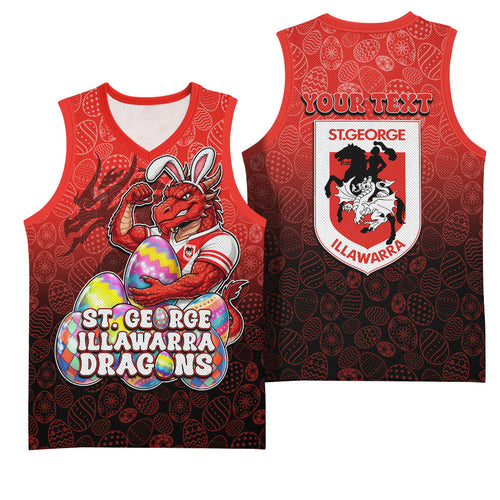 Personalized St. George Illawarra Dragons Basketball Jersey Easter Mascot - Colorful Eggs Cartoon Style