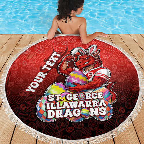 Personalized St. George Illawarra Dragons Beach Blanket Easter Mascot - Colorful Eggs Cartoon Style