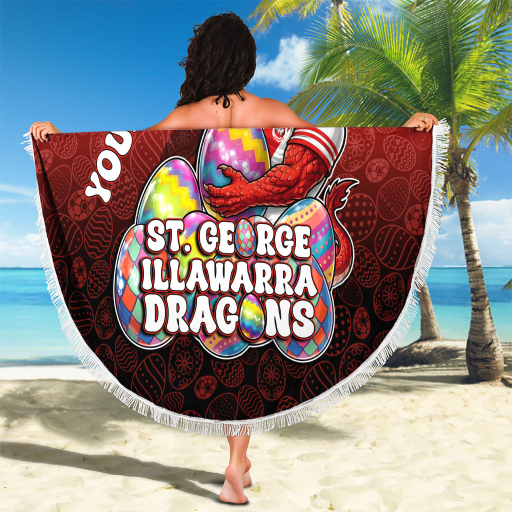 Personalized St. George Illawarra Dragons Beach Blanket Easter Mascot - Colorful Eggs Cartoon Style