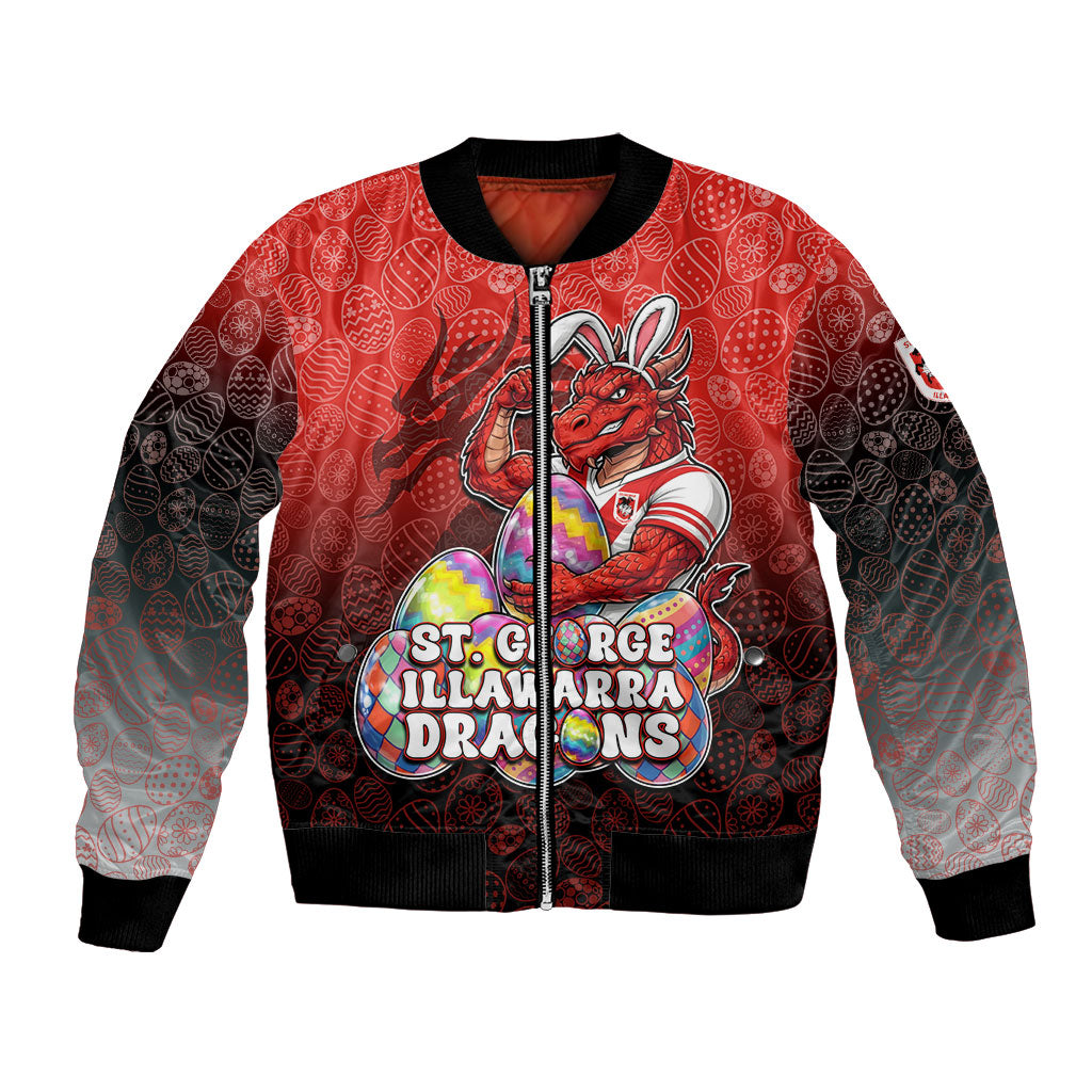 Personalized St. George Illawarra Dragons Bomber Jacket Easter Mascot - Colorful Eggs Cartoon Style
