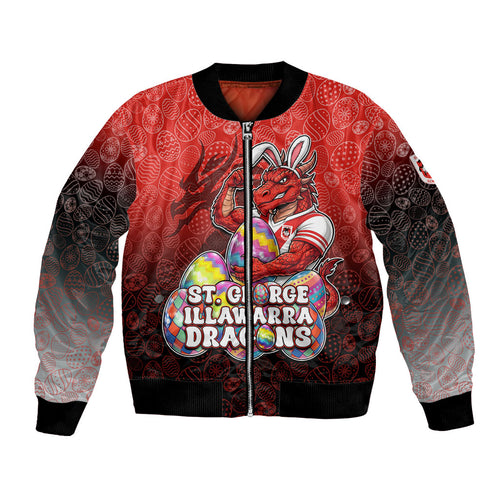 Personalized St. George Illawarra Dragons Bomber Jacket Easter Mascot - Colorful Eggs Cartoon Style