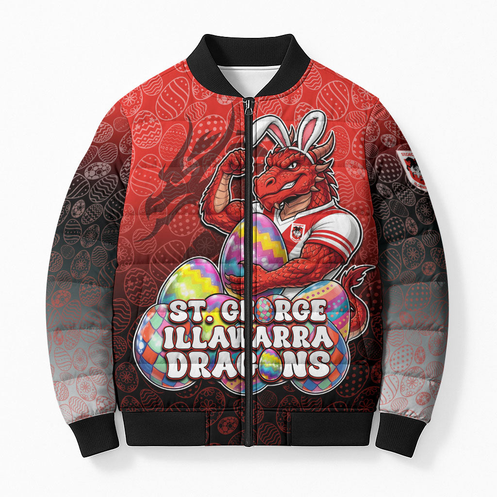 Personalized St. George Illawarra Dragons Bomber Puffer Jacket Easter Mascot - Colorful Eggs Cartoon Style