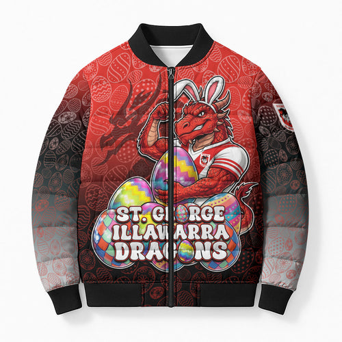 Personalized St. George Illawarra Dragons Bomber Puffer Jacket Easter Mascot - Colorful Eggs Cartoon Style